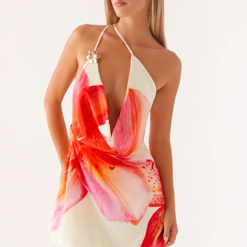 Floral Halter Neck Dress - Red and White